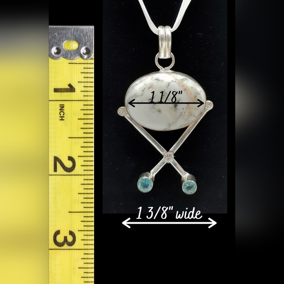 925 Sterling Silver Blue Topaz and Dendrite Agate Pendant Necklace - Picture 6 of 8